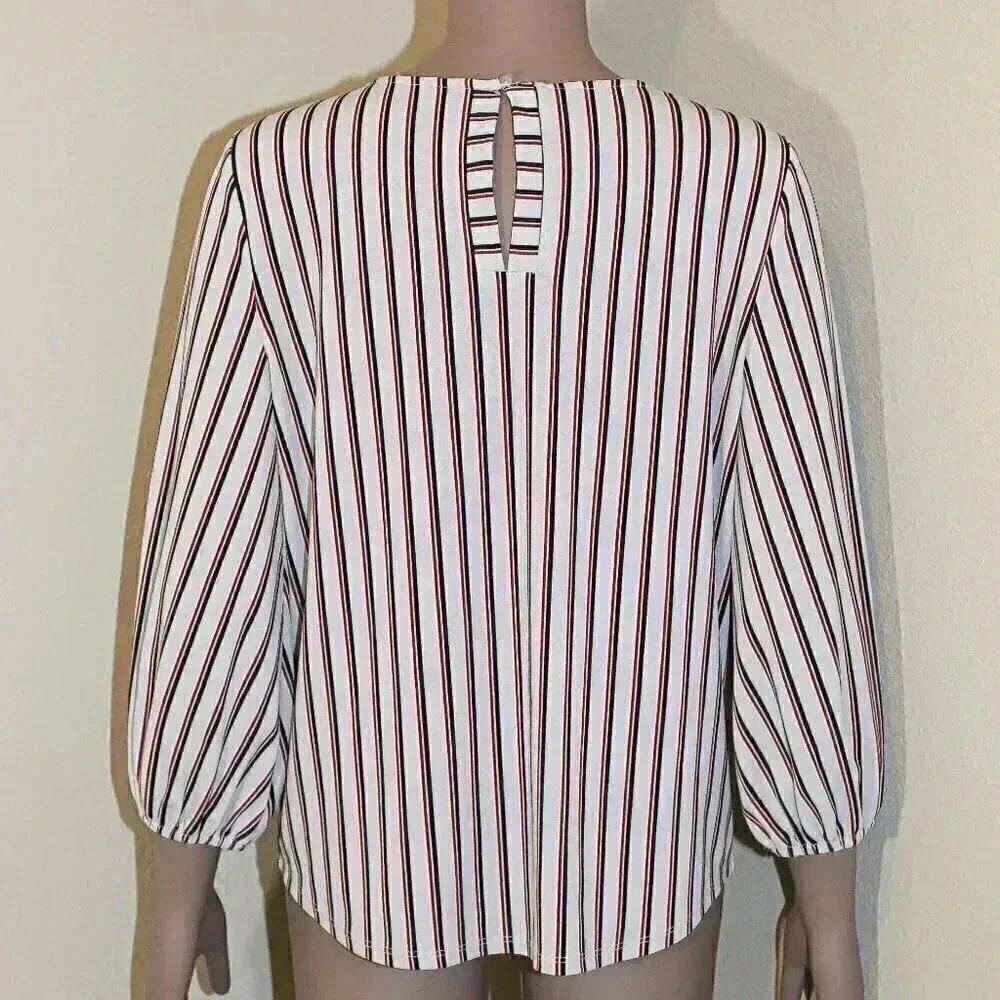 Gray Striped Long Sleeve Blouse Size Medium Fall Work Office Top Formal Evening - Picture 2 of 3